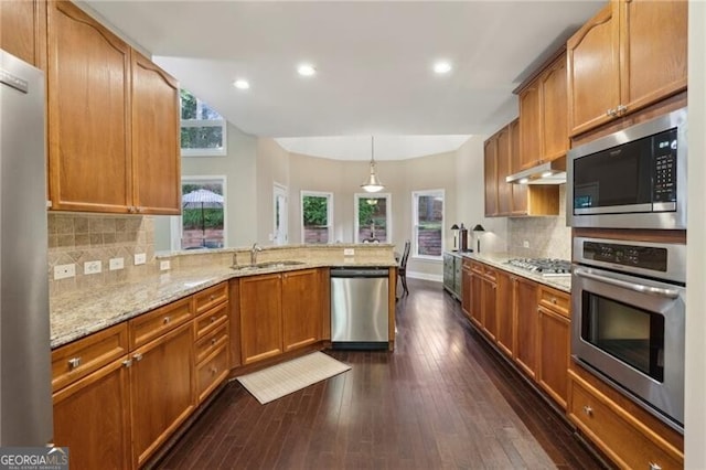 kitchen with stainless steel appliances, a sink, a peninsula, healthy amount of natural light, and recessed lighting