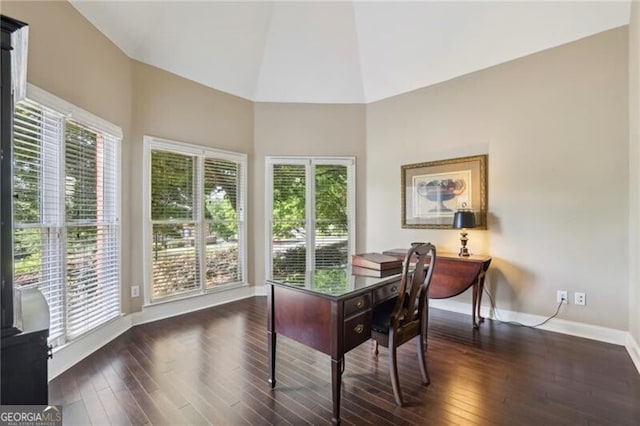 office featuring plenty of natural light, baseboards, wood-type flooring, and high vaulted ceiling