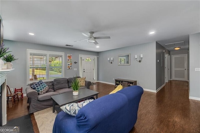 72 Griggs St SW, Marietta, GA 30064 - living room with ceiling fan, wood finished floors, recessed lighting, and a fireplace