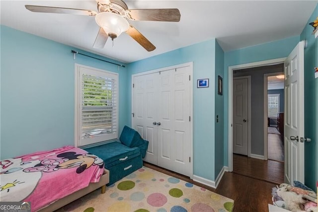 72 Griggs St SW, Marietta, GA 30064 - bedroom with wood finished floors, a closet, and a ceiling fan