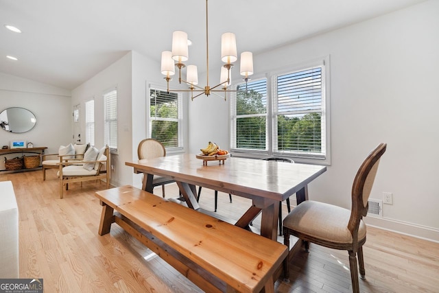 369 Arnold Mill Rd, Woodstock, GA 30188 - dining space featuring light wood-style floors, baseboards, recessed lighting, a notable chandelier, and vaulted ceiling