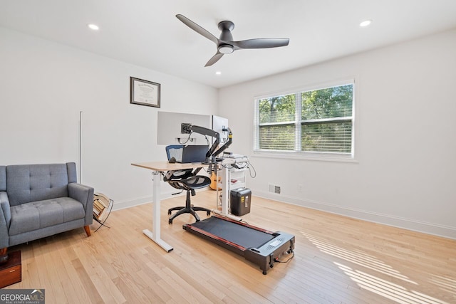 369 Arnold Mill Rd, Woodstock, GA 30188 - exercise room featuring visible vents, a ceiling fan, baseboards, and wood finished floors