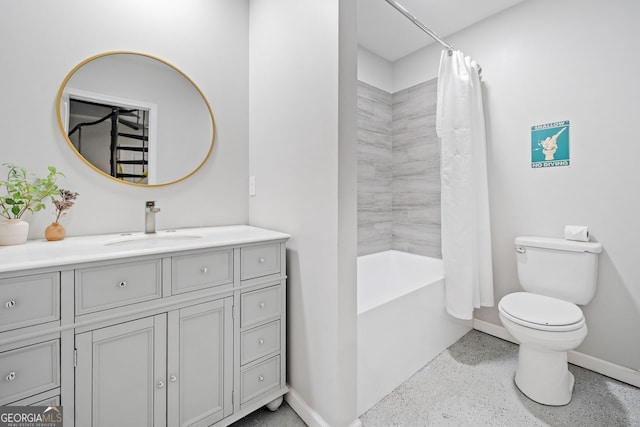 369 Arnold Mill Rd, Woodstock, GA 30188 - bathroom with speckled floor, baseboards, vanity, toilet, and shower / bath combo with shower curtain