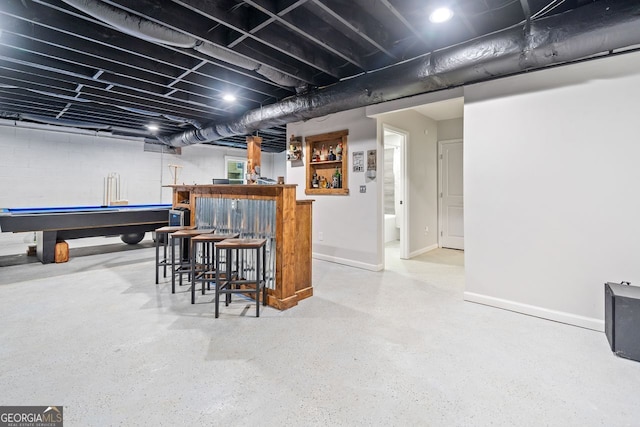369 Arnold Mill Rd, Woodstock, GA 30188 - recreation room with pool table, baseboards, a dry bar, and speckled floor