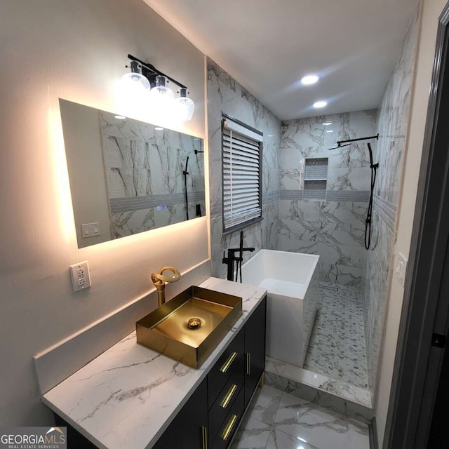 2704 Terratim Ln, Decatur, GA 30034 - full bathroom featuring a marble finish shower, marble finish flooring, vanity, and recessed lighting