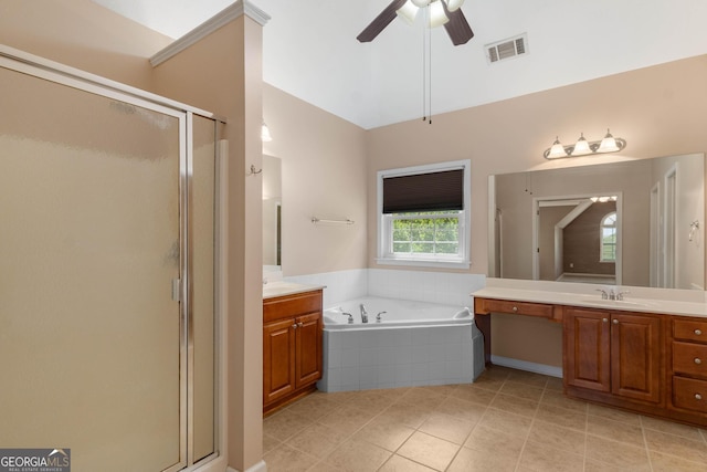 full bathroom featuring tile patterned flooring, a bath, vanity, visible vents, and a stall shower