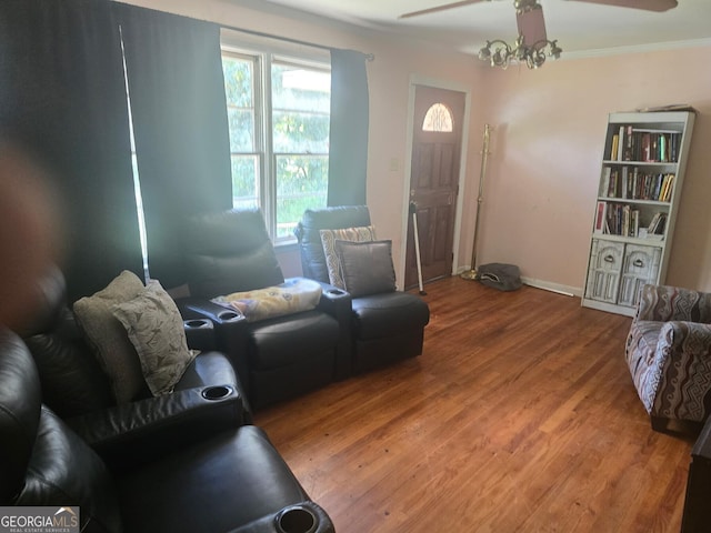 100 Brookwood Dr, Warner Robins, GA 31088 - living area with wood finished floors, a ceiling fan, ornamental molding, and baseboards