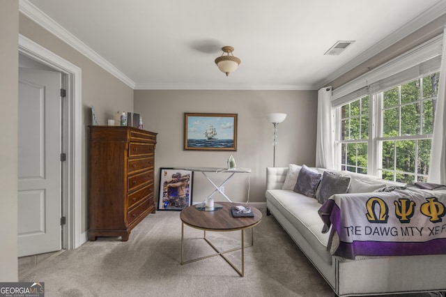 carpeted living area featuring baseboards, visible vents, and ornamental molding