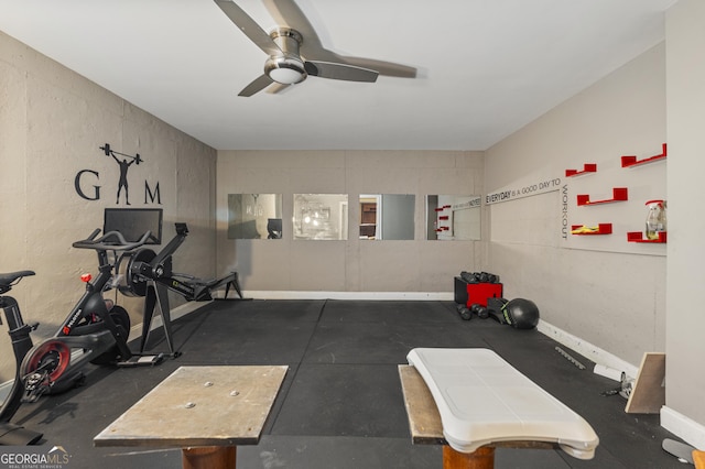 workout area with ceiling fan