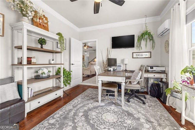 411 Conductor Ct, Jefferson, GA 30549 - office area featuring a wall mounted AC, wood finished floors, a wealth of natural light, and ornamental molding