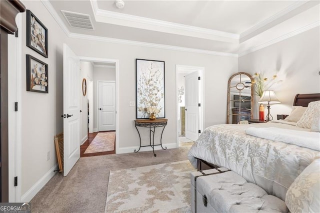 411 Conductor Ct, Jefferson, GA 30549 - bedroom featuring a raised ceiling, light colored carpet, baseboards, ornamental molding, and visible vents