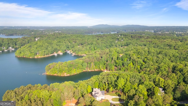 bird's eye view with a water and mountain view and a forest view