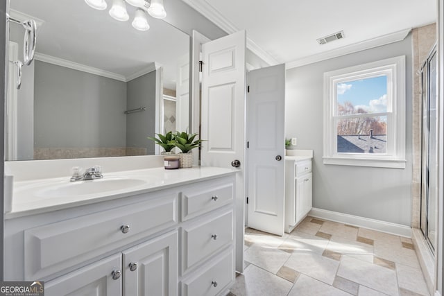 1236 Brickton Dr NW, Atlanta, GA 30318 - full bathroom with ornamental molding, vanity, baseboards, and a shower with shower door