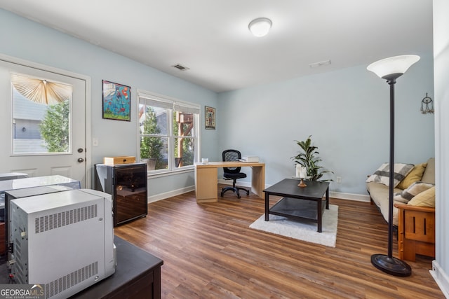 1236 Brickton Dr NW, Atlanta, GA 30318 - home office featuring wood finished floors, wine cooler, and baseboards