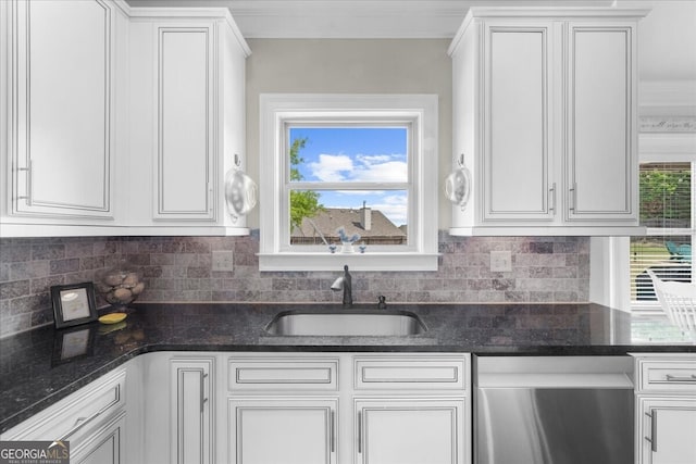 5950 Hidden Ridge Ct, Cumming, GA 30028 - kitchen with dishwasher, white cabinetry, tasteful backsplash, and dark stone counters