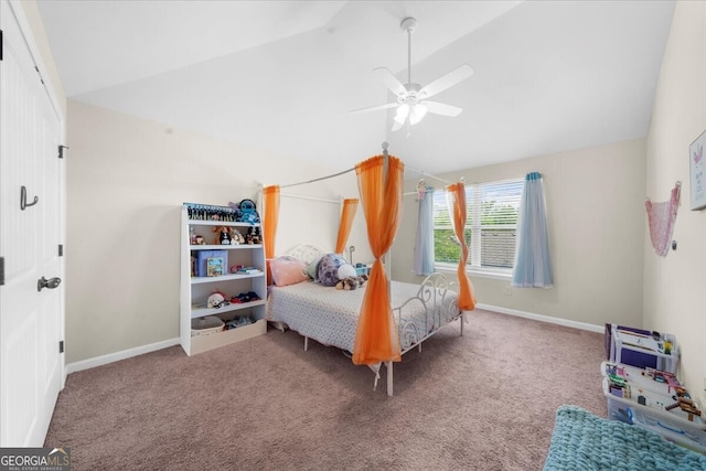 5950 Hidden Ridge Ct, Cumming, GA 30028 - carpeted bedroom with vaulted ceiling and a ceiling fan
