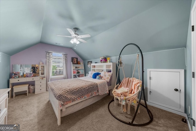 5950 Hidden Ridge Ct, Cumming, GA 30028 - carpeted bedroom with vaulted ceiling and ceiling fan