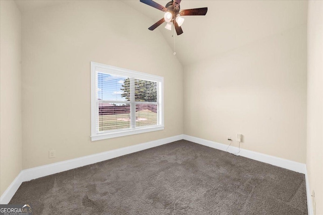 5950 Hidden Ridge Ct, Cumming, GA 30028 - unfurnished room featuring dark carpet, vaulted ceiling, and ceiling fan