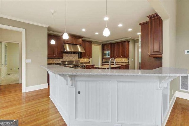 51 Sagemont Ct, Acworth, GA 30101 - kitchen featuring under cabinet range hood, stainless steel microwave, crown molding, baseboards, and range