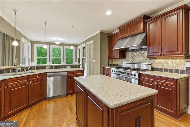 51 Sagemont Ct, Acworth, GA 30101 - kitchen featuring light wood finished floors, a sink, appliances with stainless steel finishes, under cabinet range hood, and ornamental molding