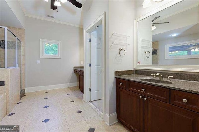 51 Sagemont Ct, Acworth, GA 30101 - bathroom featuring visible vents, a ceiling fan, tile patterned flooring, a shower stall, and vanity
