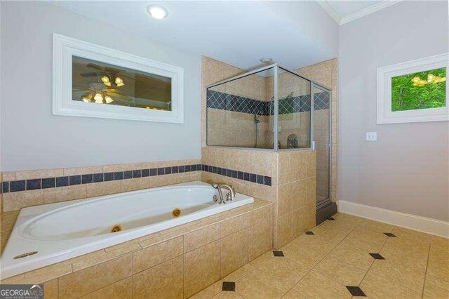 51 Sagemont Ct, Acworth, GA 30101 - bathroom with crown molding, tile patterned flooring, and a stall shower