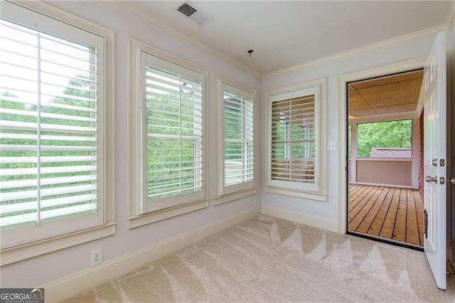 51 Sagemont Ct, Acworth, GA 30101 - unfurnished sunroom featuring carpet floors, visible vents, crown molding, and baseboards