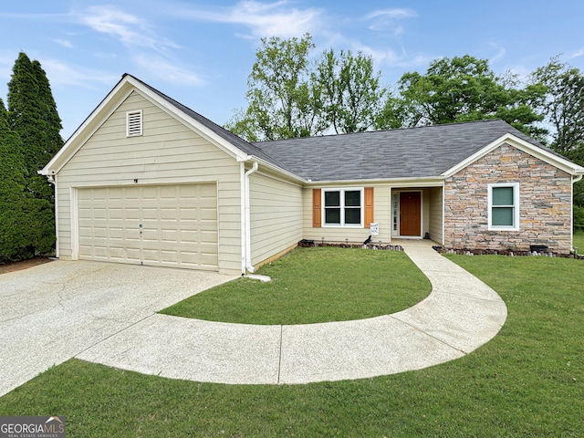 ranch-style house with concrete driveway, an attached garage, stone siding, roof with shingles, and a front yard