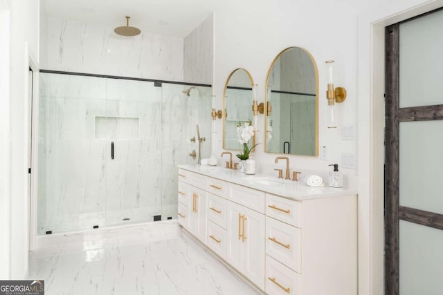 156 Martha Ave NE, Atlanta, GA 30317 - bathroom with a marble finish shower, marble finish flooring, and double vanity