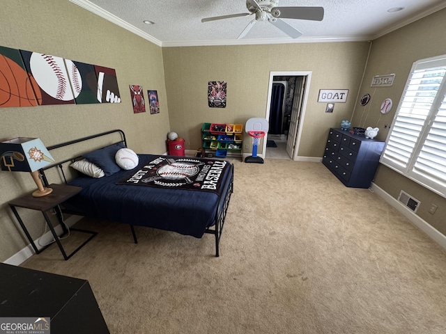 1323 Fairway Dr, Elberton, GA 30635 - carpeted bedroom featuring a textured ceiling, ceiling fan, visible vents, and ornamental molding
