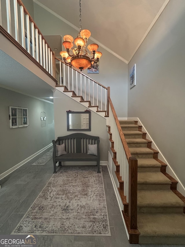 1323 Fairway Dr, Elberton, GA 30635 - staircase featuring an inviting chandelier, a textured ceiling, crown molding, and baseboards