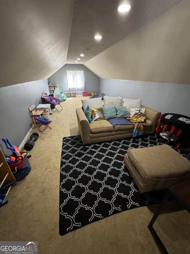1323 Fairway Dr, Elberton, GA 30635 - rec room featuring vaulted ceiling, baseboards, carpet floors, and recessed lighting