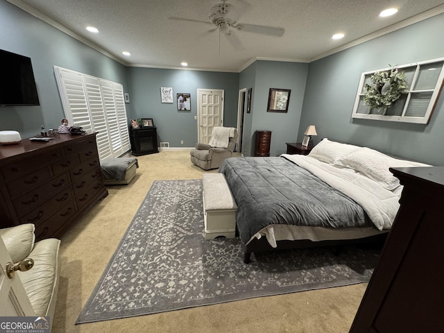 1323 Fairway Dr, Elberton, GA 30635 - bedroom with recessed lighting, carpet flooring, ceiling fan, ornamental molding, and a textured ceiling