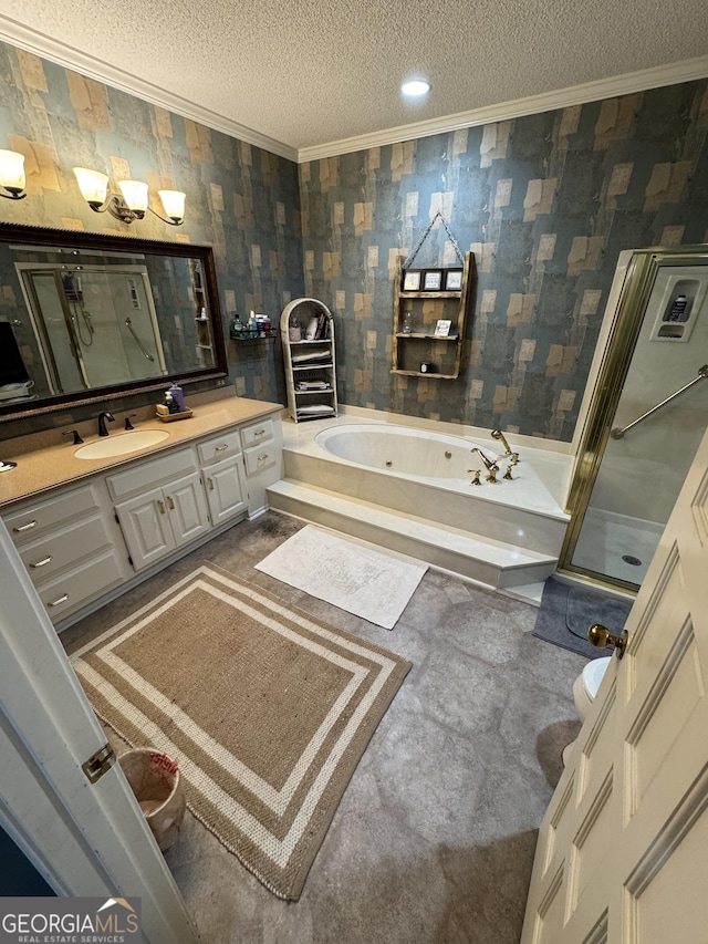 1323 Fairway Dr, Elberton, GA 30635 - bathroom featuring a textured ceiling, a shower with door, vanity, a whirlpool tub, and ornamental molding