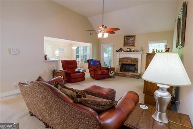 152 Cooper Creek Dr, Dallas, GA 30157 - living area featuring a ceiling fan, vaulted ceiling, a healthy amount of sunlight, and carpet flooring