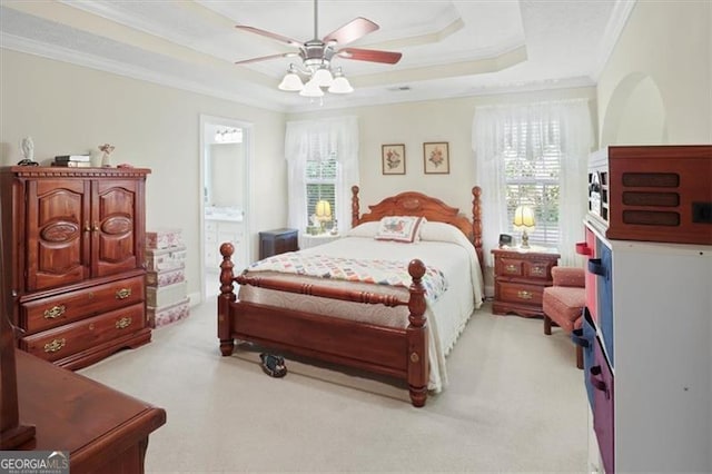 152 Cooper Creek Dr, Dallas, GA 30157 - bedroom featuring light carpet, ensuite bathroom, a tray ceiling, and crown molding