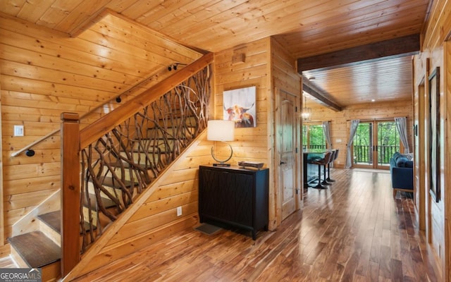 stairs with wooden ceiling, wooden walls, and wood-type flooring