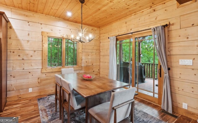 dining area featuring wooden ceiling, dark wood-style floors, a chandelier, wood walls, and recessed lighting