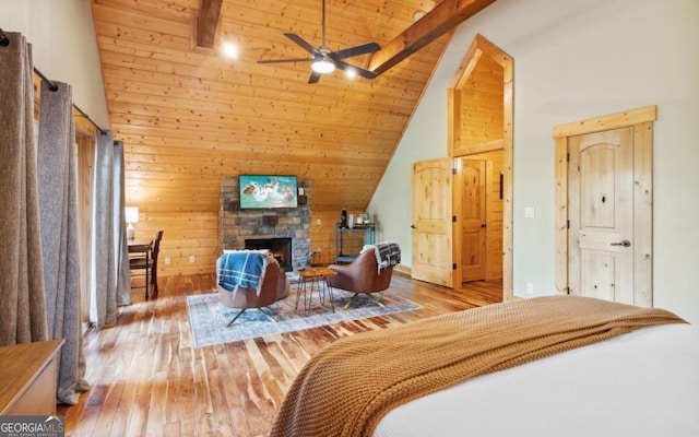 bedroom with hardwood / wood-style flooring, wooden ceiling, wooden walls, and a fireplace