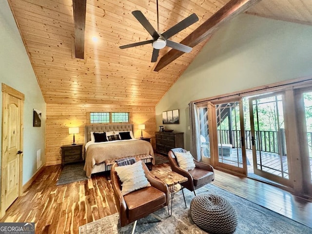 bedroom featuring high vaulted ceiling, access to exterior, hardwood / wood-style flooring, wooden walls, and wood ceiling