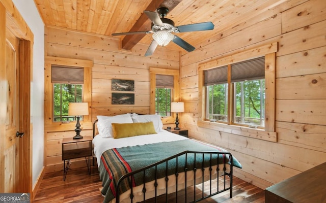 bedroom with wooden ceiling, wood walls, and wood-type flooring