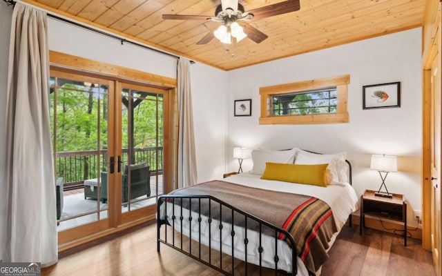 bedroom featuring wooden ceiling, wood finished floors, access to exterior, and french doors