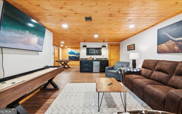 living room with wooden ceiling, light wood-style floors, and recessed lighting