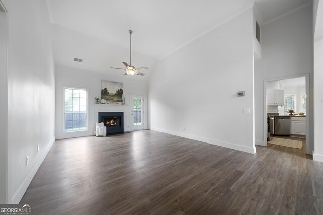 3047 Standing Rock Ct, Lithia Springs, GA 30122 - unfurnished living room featuring high vaulted ceiling, dark wood finished floors, a ceiling fan, and visible vents