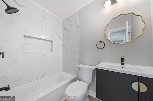 full bath with toilet, vanity, and shower / tub combination