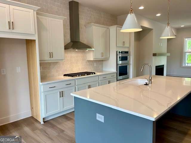 kitchen featuring wood finished floors, wall chimney exhaust hood, stainless steel appliances, and a sink