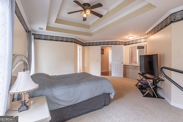 4319 Silver Peak Pkwy, Suwanee, GA 30024 - carpeted bedroom with a raised ceiling, visible vents, crown molding, and baseboards