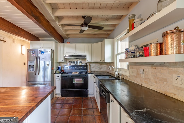 9240 Lisa Cir, Gainesville, GA 30506 - kitchen featuring black appliances, under cabinet range hood, wood counters, open shelves, and a wooden ceiling with exposed beams
