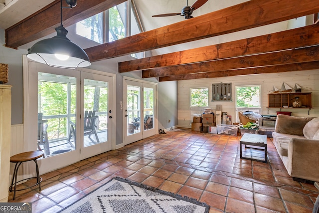 9240 Lisa Cir, Gainesville, GA 30506 - living area with beam ceiling, ceiling fan, and tile patterned flooring