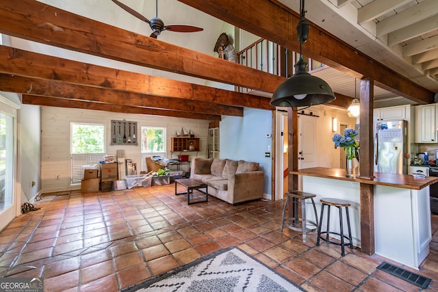 9240 Lisa Cir, Gainesville, GA 30506 - living area featuring a ceiling fan and beam ceiling